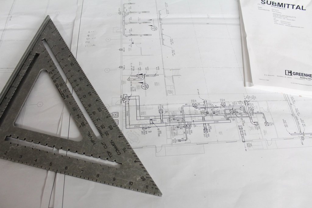 Set square on construction drawings
